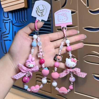 Pastel Bow Cartoon Doll Beaded Phone Wrist Strap Multicolor Sweet Pendant Anti-Lost Hand Lanyard