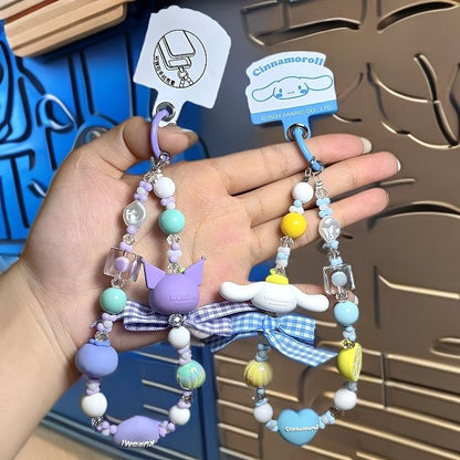 Pastel Bow Cartoon Doll Beaded Phone Wrist Strap Multicolor Sweet Pendant Anti-Lost Hand Lanyard