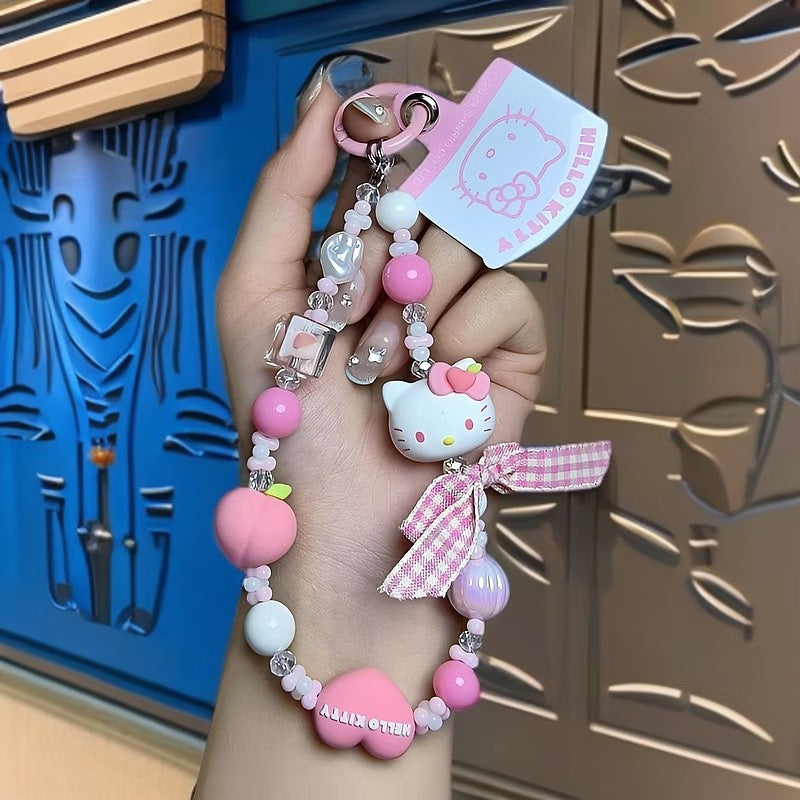 Pastel Bow Cartoon Doll Beaded Phone Wrist Strap Multicolor Sweet Pendant Anti-Lost Hand Lanyard