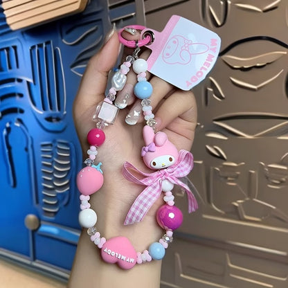 Pastel Bow Cartoon Doll Beaded Phone Wrist Strap Multicolor Sweet Pendant Anti-Lost Hand Lanyard