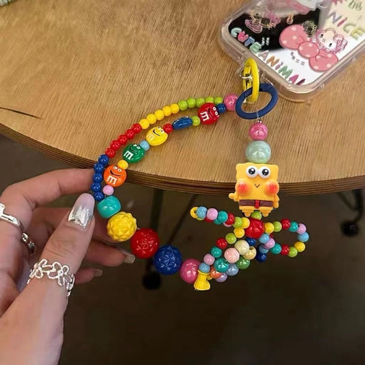 Multicolor Candy Beaded Phone Wrist Strap Square Cartoon Doll Pendant Anti-Lost Hand Lanyard