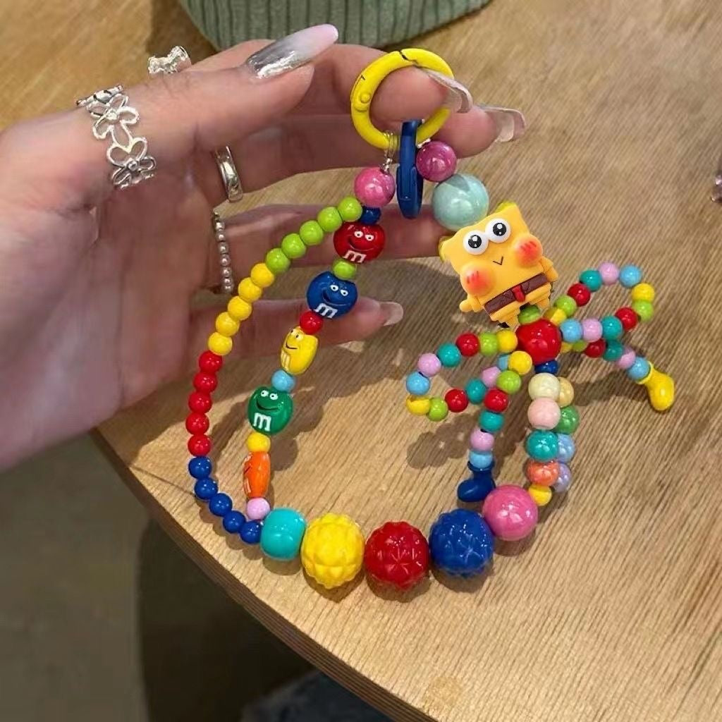 Multicolor Candy Beaded Phone Wrist Strap Square Cartoon Doll Pendant Anti-Lost Hand Lanyard