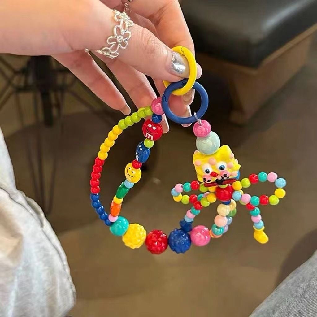 Multicolor Candy Beaded Phone Wrist Strap Square Cartoon Doll Pendant Anti-Lost Hand Lanyard