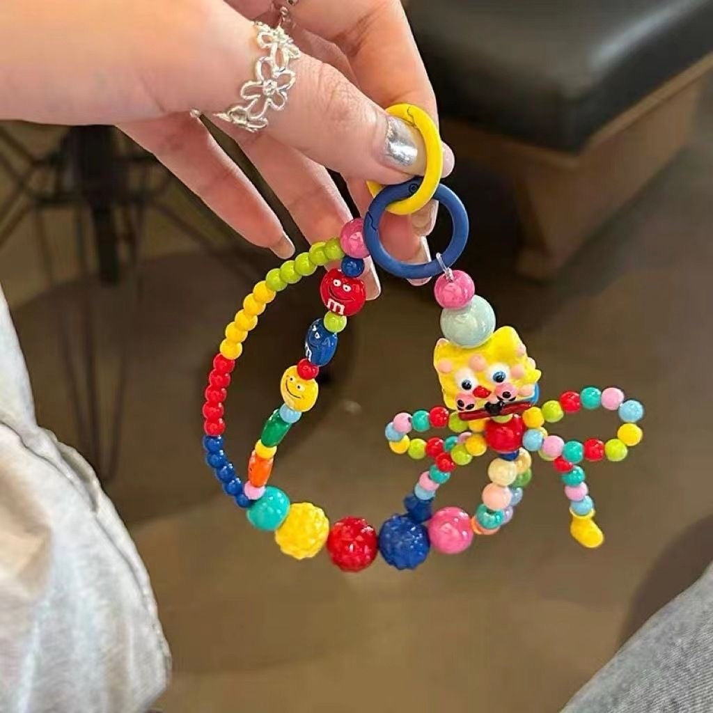 Multicolor Candy Beaded Phone Wrist Strap Square Cartoon Doll Pendant Anti-Lost Hand Lanyard