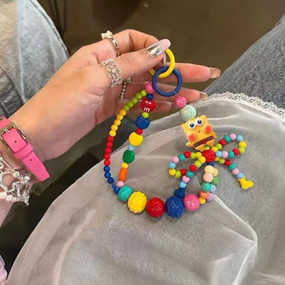 Multicolor Candy Beaded Phone Wrist Strap Square Cartoon Doll Pendant Anti-Lost Hand Lanyard