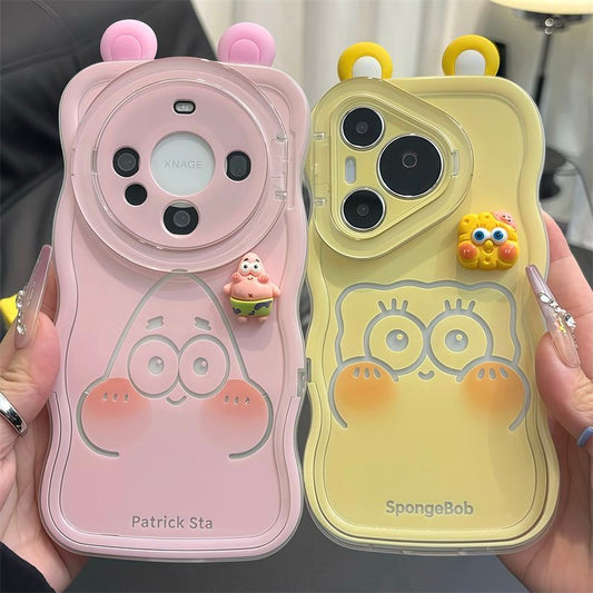 Wavy Curved Edge Silicone Phone Case with 3D Stereo Cartoon Doll & Ear Decor, Flip Camera Lens Cover Shockproof Anti-Drop Soft Protective Shell