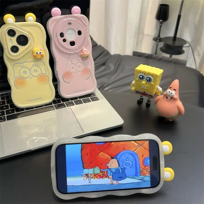 Divertida Carcasa de Teléfono de Bob Esponja, Calamardo y Patricio con Tapa de Espejo Abatible
