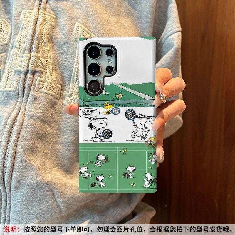 Vintage Comic Strip Style Phone Case, Minimalist Black & White Puppy Playing Tennis Pattern, Smooth Glossy Hard Shell, Full Camera Cutout Shockproof Anti-Fall Protective Case for Samsung S Series Smartphones