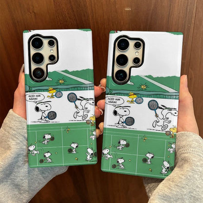 Vintage Comic Strip Style Phone Case, Minimalist Black & White Puppy Playing Tennis Pattern, Smooth Glossy Hard Shell, Full Camera Cutout Shockproof Anti-Fall Protective Case for Samsung S Series Smartphones