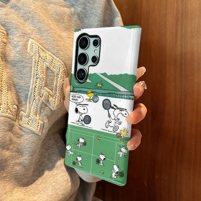 Vintage Comic Strip Style Phone Case, Minimalist Black & White Puppy Playing Tennis Pattern, Smooth Glossy Hard Shell, Full Camera Cutout Shockproof Anti-Fall Protective Case for Samsung S Series Smartphones