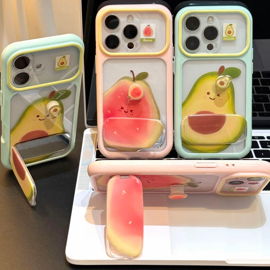 Cute Watercolor Fruit Pattern Transparent Phone Case with Foldable Hidden Kickstand, Raised Lens Protection Anti-Drop Soft TPU Protective Cover for iPhone 15/14/13/12 Series