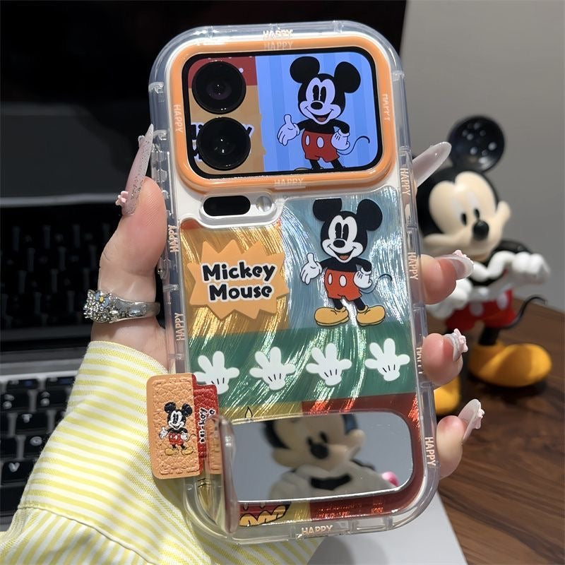 Vintage Patchwork Round Ear Mickey Cartoon Character Printed Transparent Phone Case, Large Camera Frame, Silicone Shockproof Bumper, Cute Fashion Protective Cover For iPhone