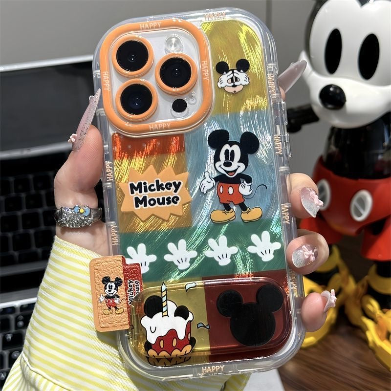 Vintage Patchwork Round Ear Mickey Cartoon Character Printed Transparent Phone Case, Large Camera Frame, Silicone Shockproof Bumper, Cute Fashion Protective Cover For iPhone