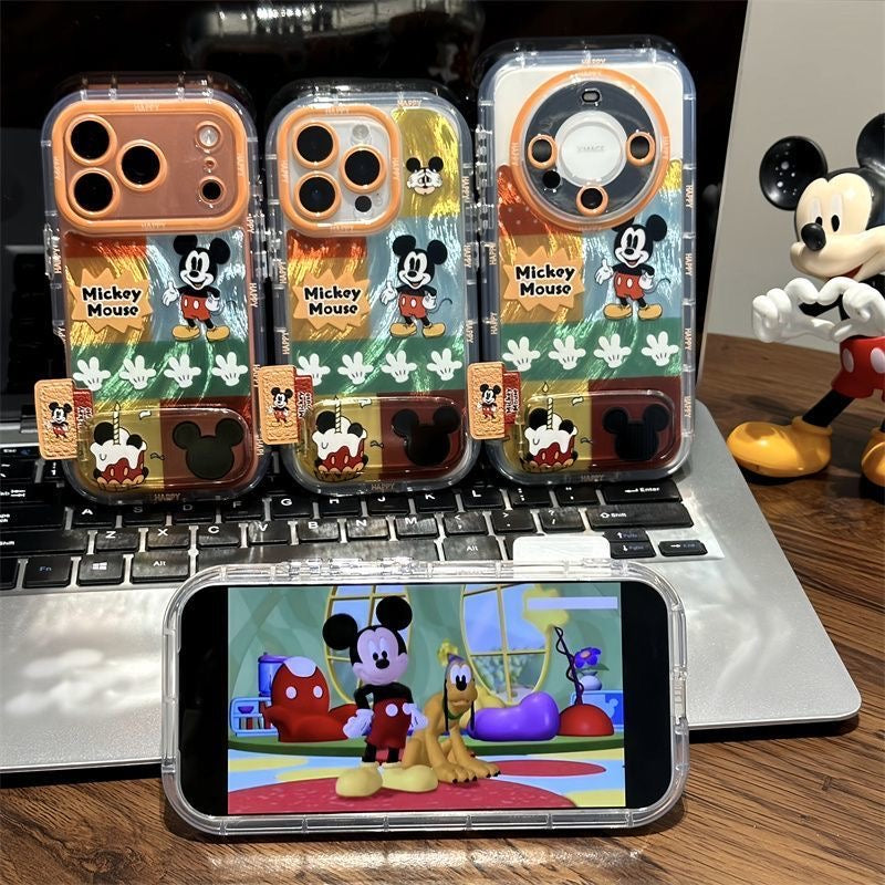 Vintage Patchwork Round Ear Mickey Cartoon Character Printed Transparent Phone Case, Large Camera Frame, Silicone Shockproof Bumper, Cute Fashion Protective Cover For iPhone