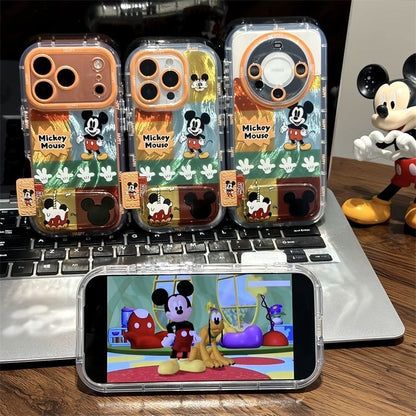 Vintage Patchwork Round Ear Mickey Cartoon Character Printed Transparent Phone Case, Large Camera Frame, Silicone Shockproof Bumper, Cute Fashion Protective Cover For iPhone