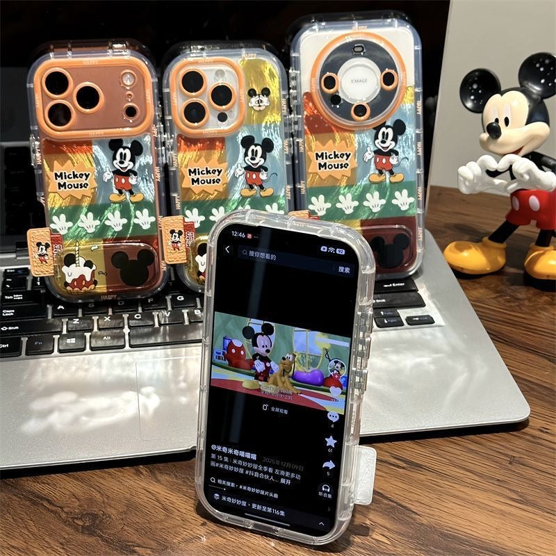 Vintage Patchwork Round Ear Mickey Cartoon Character Printed Transparent Phone Case, Large Camera Frame, Silicone Shockproof Bumper, Cute Fashion Protective Cover For iPhone