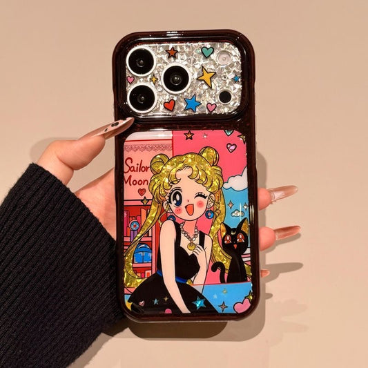 Glitter Sparkling Large Camera Cutout Phone Case, Vintage Cartoon Blonde Girl Black Cat Comic Print Shockproof Protective Cover For iPhone Huawei XMAGE