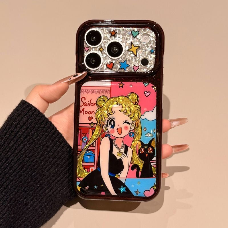 Glitter Sparkling Large Camera Cutout Phone Case, Vintage Cartoon Blonde Girl Black Cat Comic Print Shockproof Protective Cover For iPhone Huawei XMAGE