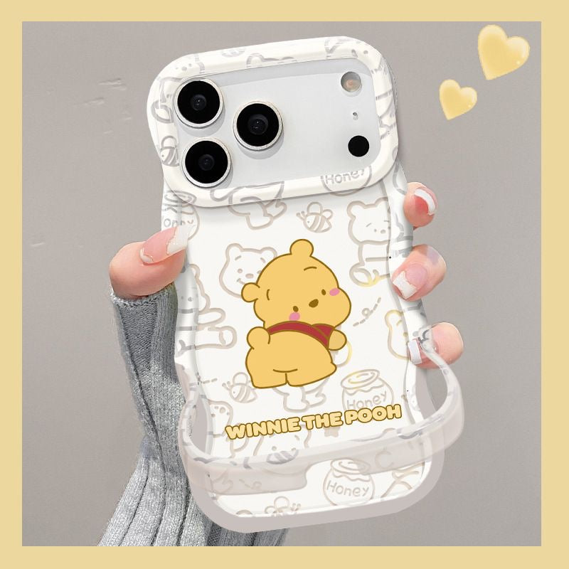 Wave Curved Edge Winnie Phone Case, Lovely Yellow Cartoon Bear & Honey Jar Print, Soft TPU Shockproof Cover With Detachable Hand Strap For iPhone