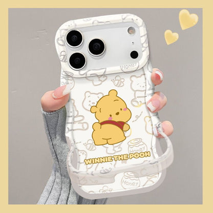 Wave Curved Edge Winnie Phone Case, Lovely Yellow Cartoon Bear & Honey Jar Print, Soft TPU Shockproof Cover With Detachable Hand Strap For iPhone