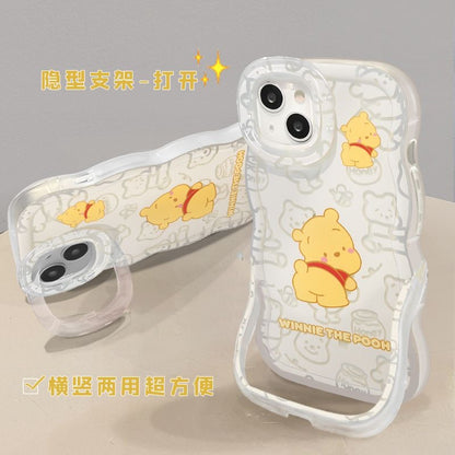 Wave Curved Edge Winnie Phone Case, Lovely Yellow Cartoon Bear & Honey Jar Print, Soft TPU Shockproof Cover With Detachable Hand Strap For iPhone
