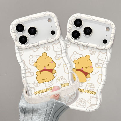 Wave Curved Edge Winnie Phone Case, Lovely Yellow Cartoon Bear & Honey Jar Print, Soft TPU Shockproof Cover With Detachable Hand Strap For iPhone