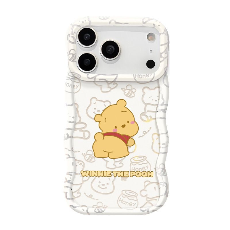 Wave Curved Edge Winnie Phone Case, Lovely Yellow Cartoon Bear & Honey Jar Print, Soft TPU Shockproof Cover With Detachable Hand Strap For iPhone