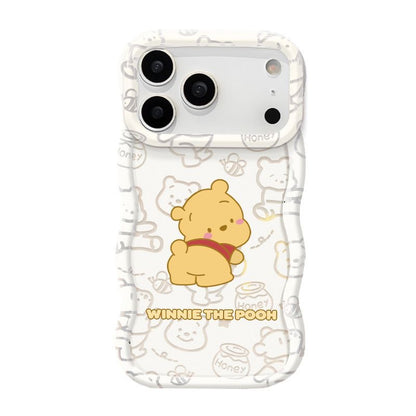 Wave Curved Edge Winnie Phone Case, Lovely Yellow Cartoon Bear & Honey Jar Print, Soft TPU Shockproof Cover With Detachable Hand Strap For iPhone