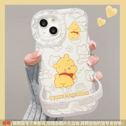 Wave Curved Edge Winnie Phone Case, Lovely Yellow Cartoon Bear & Honey Jar Print, Soft TPU Shockproof Cover With Detachable Hand Strap For iPhone