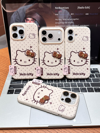 Faux Leather Texture Polka Dot Phone Case, Cute Line Drawing White Kitten with 3D Bow Ornament, Shockproof Anti-Scratch Protective Cover For iPhone Series