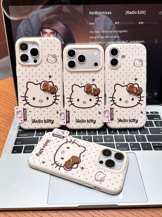 Faux Leather Texture Polka Dot Phone Case, Cute Line Drawing White Kitten with 3D Bow Ornament, Shockproof Anti-Scratch Protective Cover For iPhone Series