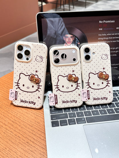 Faux Leather Texture Polka Dot Phone Case, Cute Line Drawing White Kitten with 3D Bow Ornament, Shockproof Anti-Scratch Protective Cover For iPhone Series