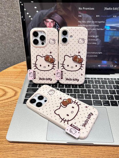 Faux Leather Texture Polka Dot Phone Case, Cute Line Drawing White Kitten with 3D Bow Ornament, Shockproof Anti-Scratch Protective Cover For iPhone Series