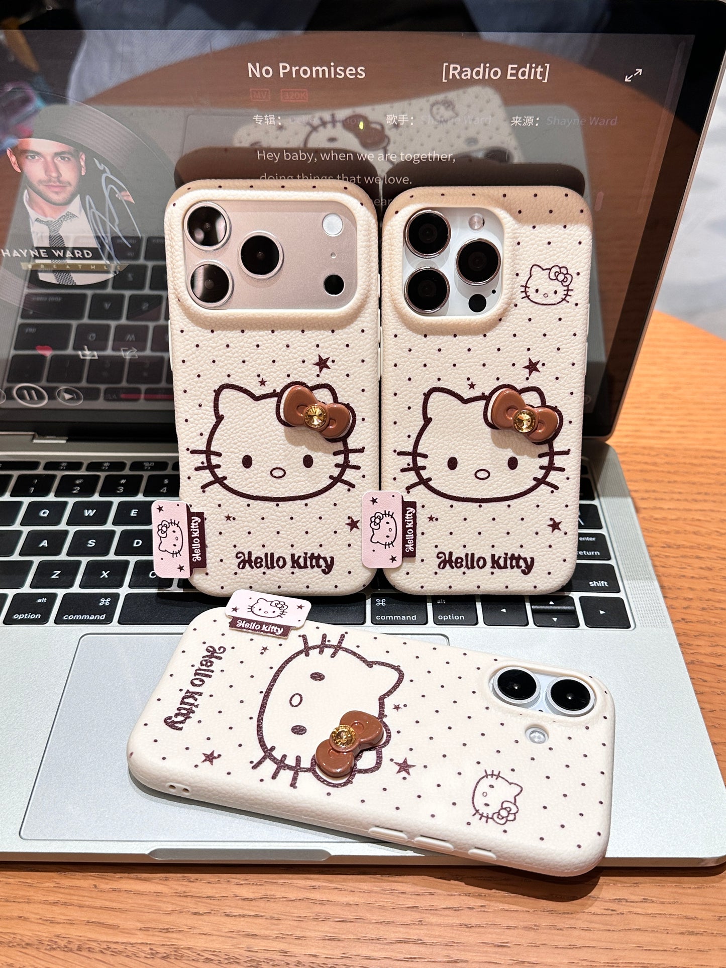 Faux Leather Texture Polka Dot Phone Case, Cute Line Drawing White Kitten with 3D Bow Ornament, Shockproof Anti-Scratch Protective Cover For iPhone Series