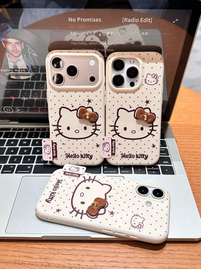 Faux Leather Texture Polka Dot Phone Case, Cute Line Drawing White Kitten with 3D Bow Ornament, Shockproof Anti-Scratch Protective Cover For iPhone Series