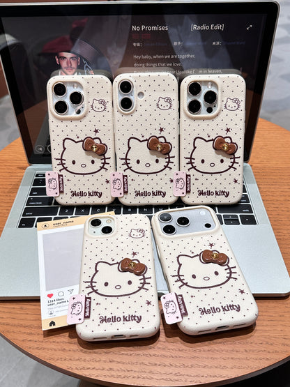 Faux Leather Texture Polka Dot Phone Case, Cute Line Drawing White Kitten with 3D Bow Ornament, Shockproof Anti-Scratch Protective Cover For iPhone Series