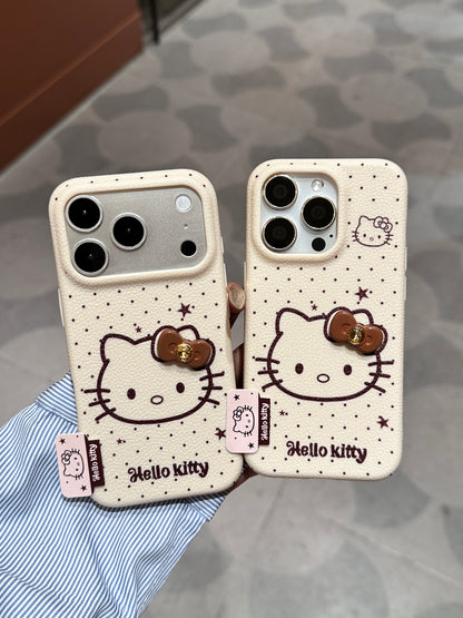 Faux Leather Texture Polka Dot Phone Case, Cute Line Drawing White Kitten with 3D Bow Ornament, Shockproof Anti-Scratch Protective Cover For iPhone Series