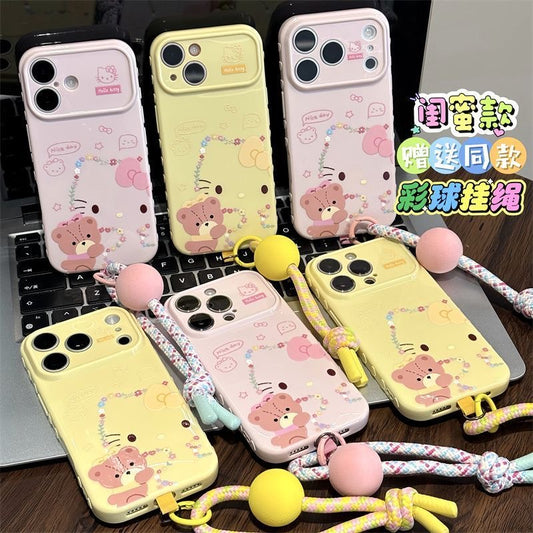 Pastel Color Large Window Lens Frame Phone Case, Cartoon Bow White Kitten & Brown Bear Pattern, Free Matching Pom-pom Bead Lanyard, Shockproof Soft Protective Cover For iPhone Series