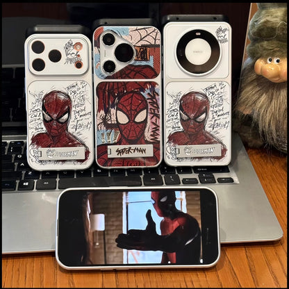 Graffiti Street Hero Spiderman Sketch Printed Phone Case, Electroplated Silver Frame, Fashion Trendy Graffiti Art Design Shell with Lens Cutout Protection