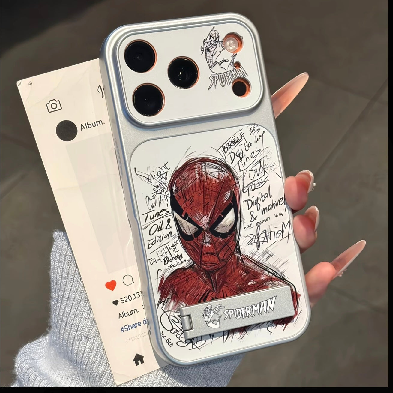 Graffiti Street Hero Spiderman Sketch Printed Phone Case, Electroplated Silver Frame, Fashion Trendy Graffiti Art Design Shell with Lens Cutout Protection