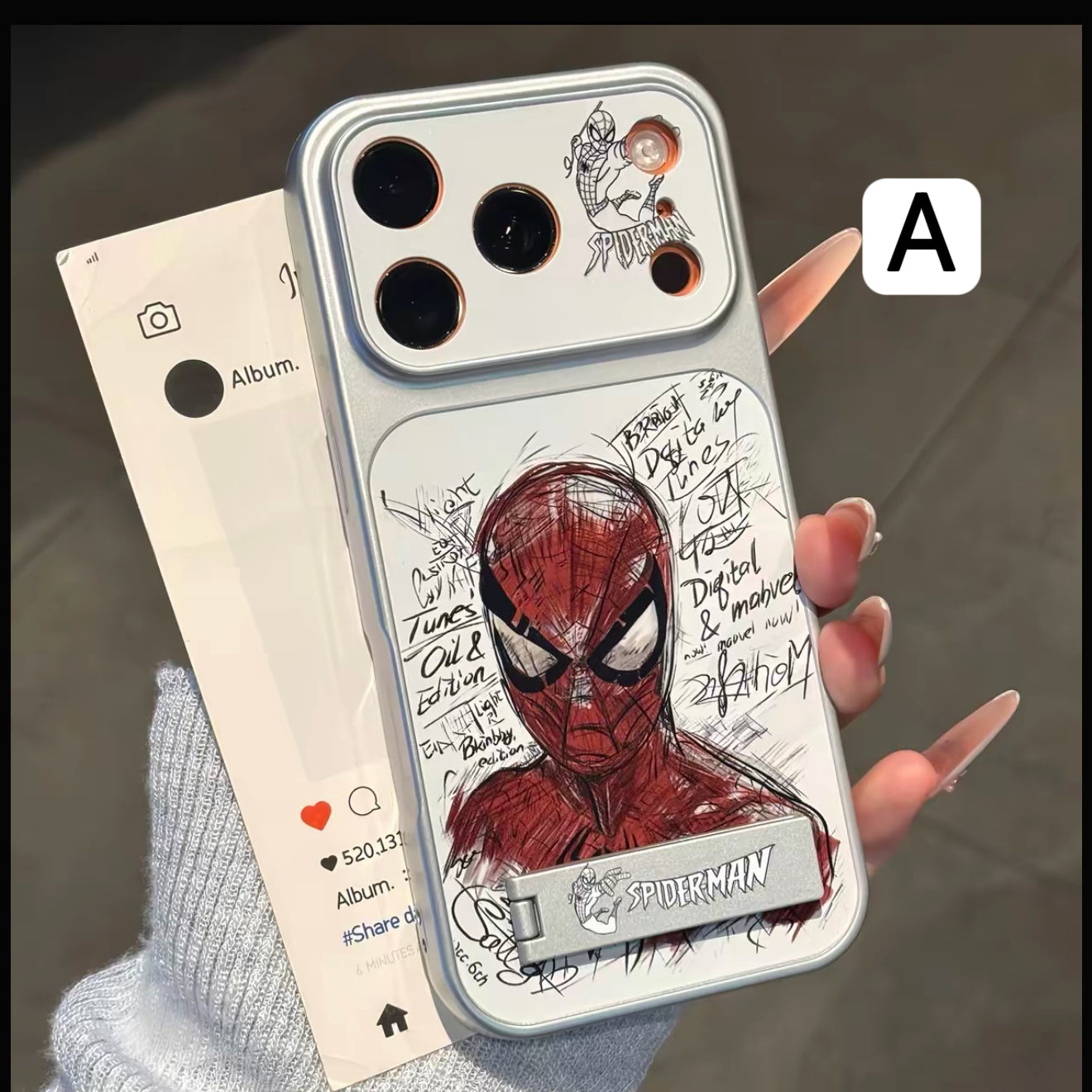 Graffiti Street Hero Spiderman Sketch Printed Phone Case, Electroplated Silver Frame, Fashion Trendy Graffiti Art Design Shell with Lens Cutout Protection