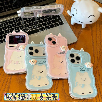 Cute Wavy Edge Puppy Pattern Phone Case with 3D Fluffy Dog Ornament, Ear Decor & Hidden Lens Stand Shockproof Cover