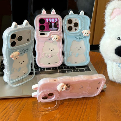 Cute Wavy Edge Puppy Pattern Phone Case with 3D Fluffy Dog Ornament, Ear Decor & Hidden Lens Stand Shockproof Cover