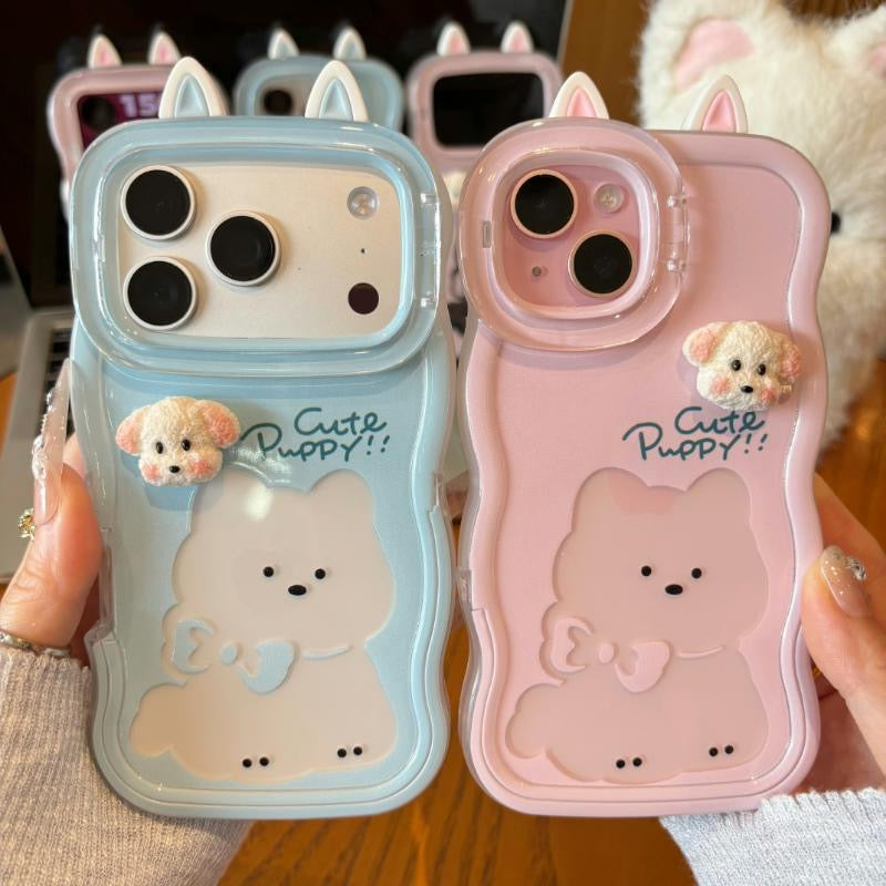 Cute Wavy Edge Puppy Pattern Phone Case with 3D Fluffy Dog Ornament, Ear Decor & Hidden Lens Stand Shockproof Cover