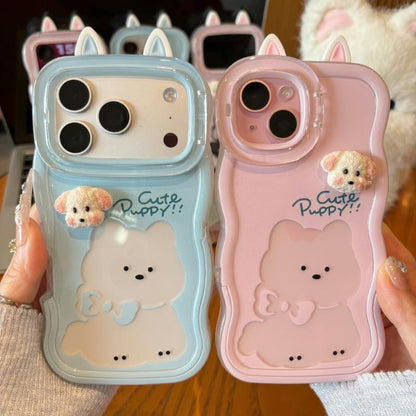 Cute Wavy Edge Puppy Pattern Phone Case with 3D Fluffy Dog Ornament, Ear Decor & Hidden Lens Stand Shockproof Cover