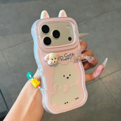 Cute Wavy Edge Puppy Pattern Phone Case with 3D Fluffy Dog Ornament, Ear Decor & Hidden Lens Stand Shockproof Cover