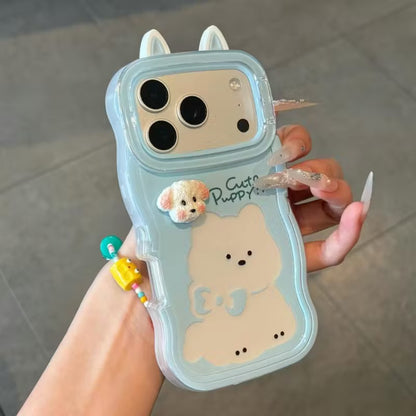 Cute Wavy Edge Puppy Pattern Phone Case with 3D Fluffy Dog Ornament, Ear Decor & Hidden Lens Stand Shockproof Cover