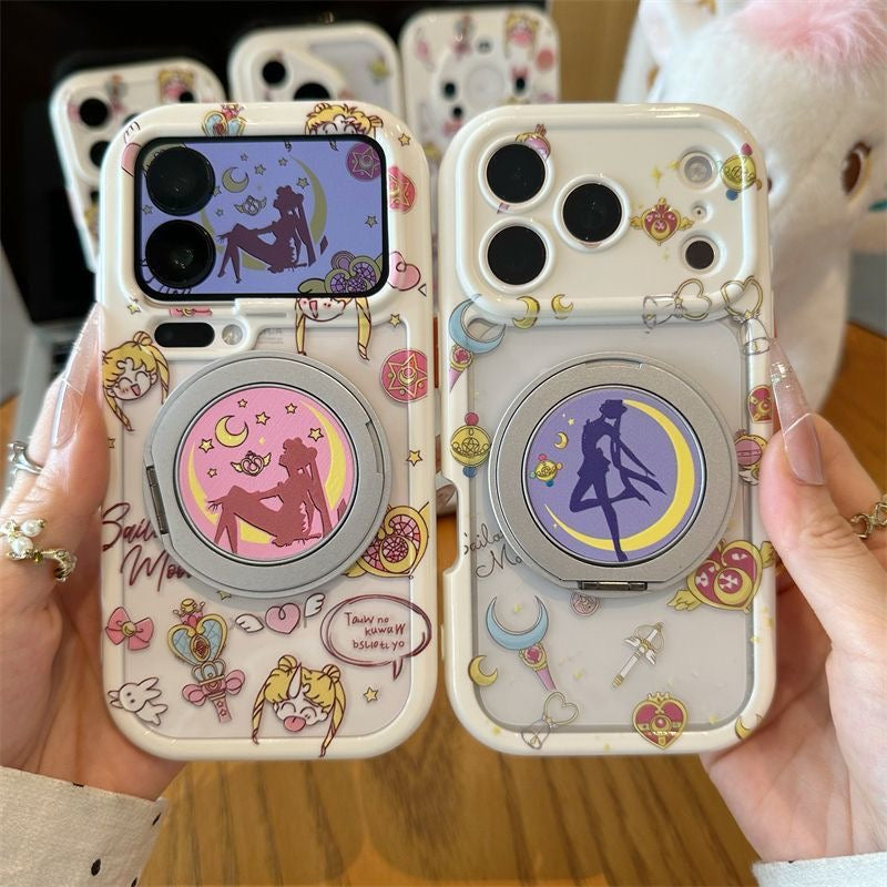 Cute Anime Girl Sailor Moon Pattern Phone Case, Hidden Magnetic Ring Holder, Large Lens Window Shockproof Clear Cover