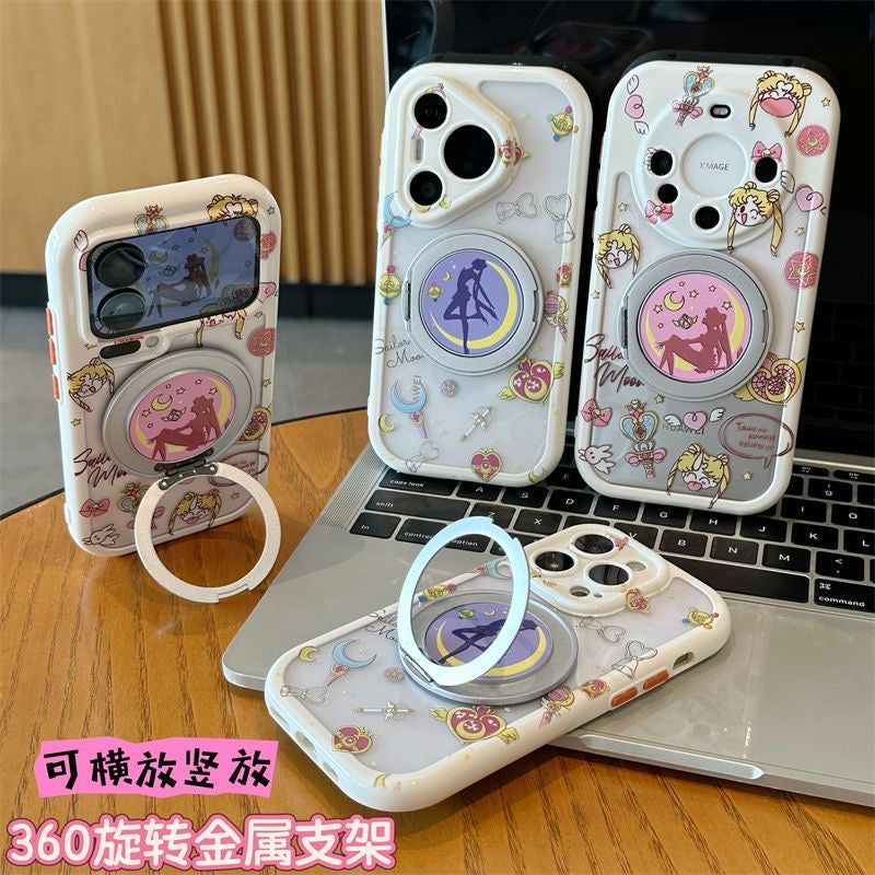 Cute Anime Girl Sailor Moon Pattern Phone Case, Hidden Magnetic Ring Holder, Large Lens Window Shockproof Clear Cover