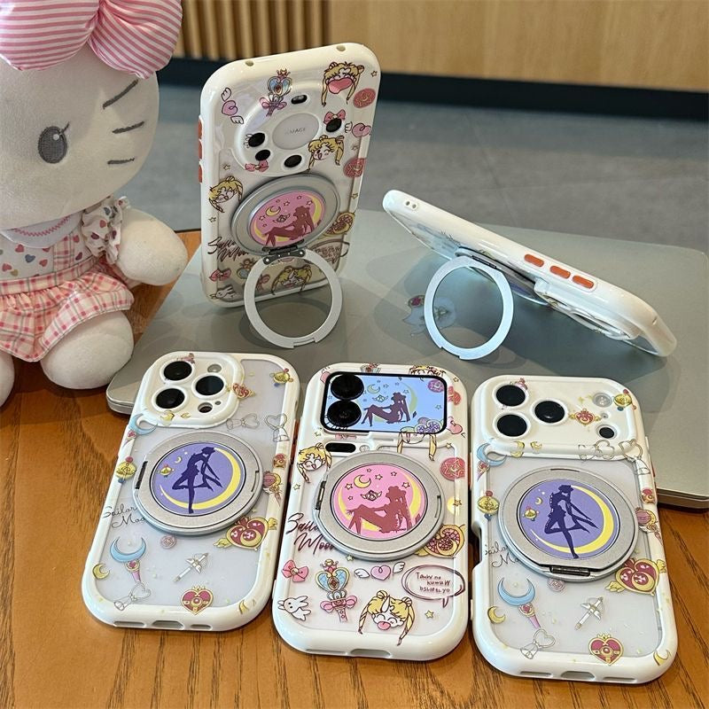 Cute Anime Girl Sailor Moon Pattern Phone Case, Hidden Magnetic Ring Holder, Large Lens Window Shockproof Clear Cover